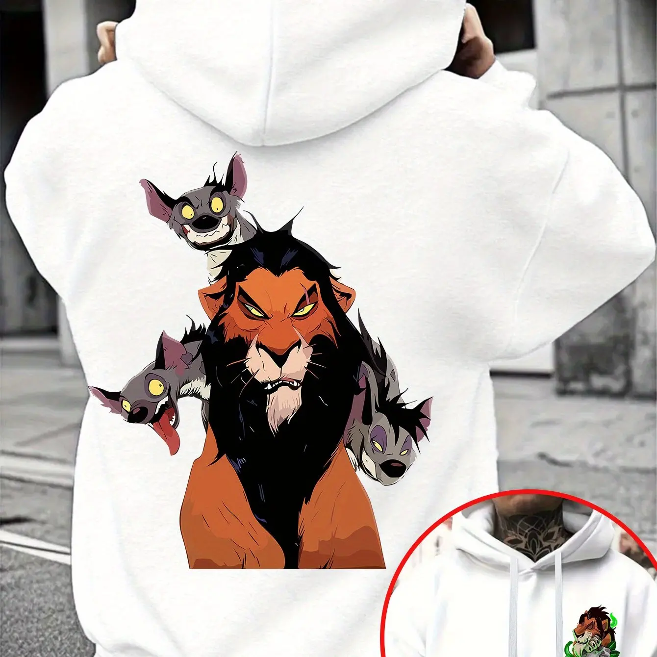 Disney Der König der Löwen Baumwoll-Hoodie, weiße Farbe, Narbe Shenzi Banzai Ed, drei Hyänenmuster mit grauem Hintergrund, lockere Passform, lässig