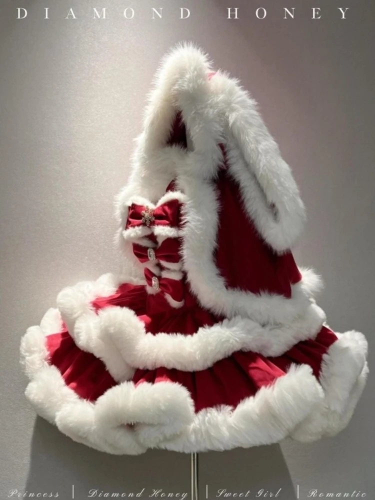 أنيقة فاخرة الحلو لوليتا عيد الميلاد الأميرة مجموعة المرأة الأحمر فروي الأرنب الأذن عباءة القوس نفخة فستان لطيف احتفالي موضة الزي