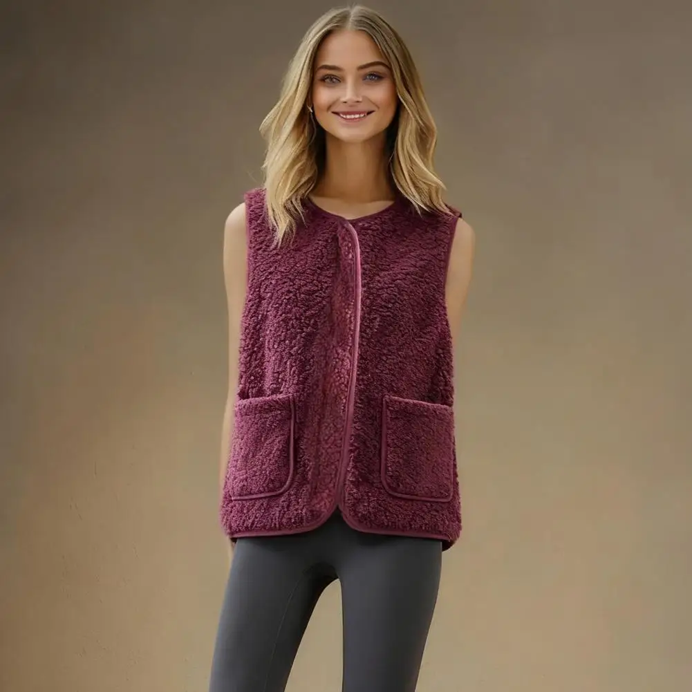 Sherpa Fleece Vest For Women Warm Sleeveless Jacket Cozy Zip Up Coat With Pockets V-Neck Buttons Female Fall Winter Outerwear