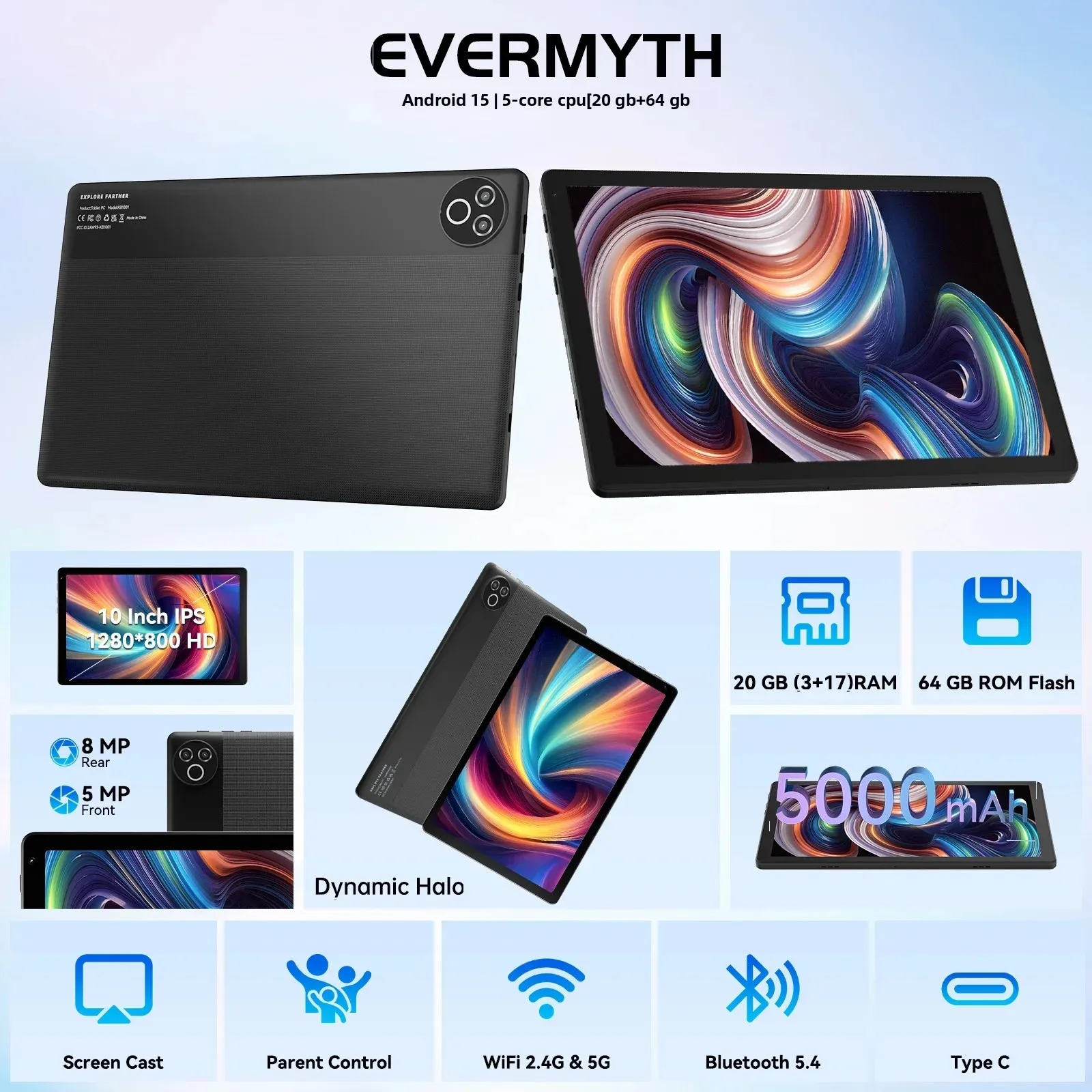 แท็บเล็ต Android 15 ขนาด 10 นิ้ว ระบบปฏิบัติการ GMS Certified  ซีพียู 5 แกน 1.8 GHz แรม 20GB รอม 64GB รองรับการขยายความจุ 1TB  WiFi 6 บลูทูธ 5.4 กล้องคู่