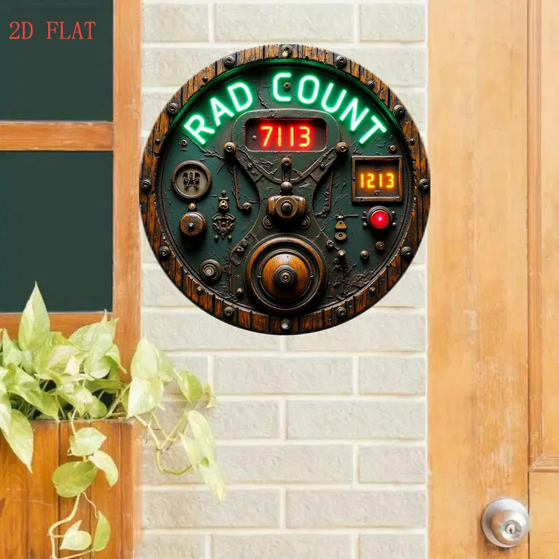 2D Flat 8.0 Inch Steampunk Radiation Counter Wall Art, Vintage Industrial Metal Decor with Neon Green Dial, Red Hands for Living