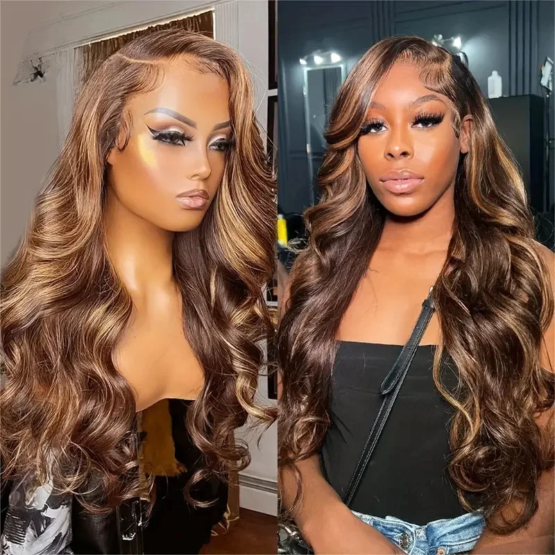 

Highlight Body Wave Wig Human Hair Transparent Lace Frontal Wig Brown Colored Lace Front Wig Pre Plucked For Women On Sale