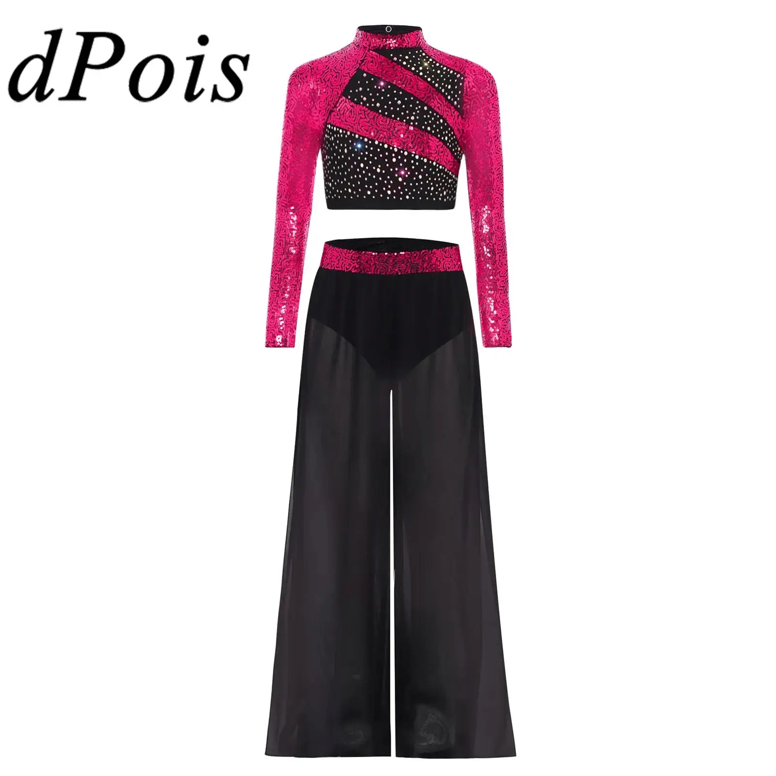

Girls Lyrical Ballet Dancer Modern Dance Crop Top with Chiffon Wide-Leg Side Slit Pants for Kids Ballroom Performance Outfits