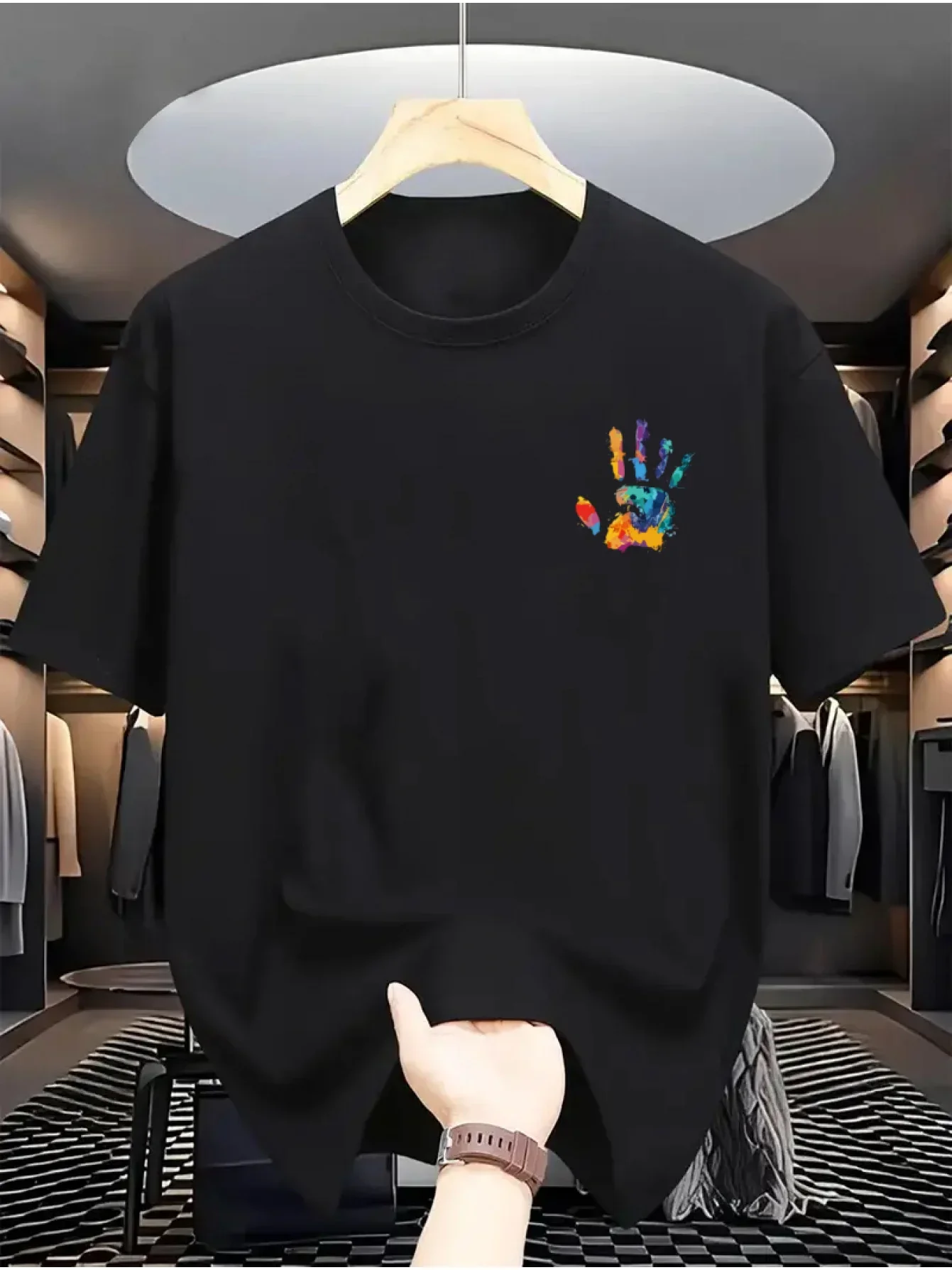 T-shirt d'été pour hommes, 100% pur coton, décontracté, tendance, imprimé à la main, ample, col rond, manches courtes, haut
