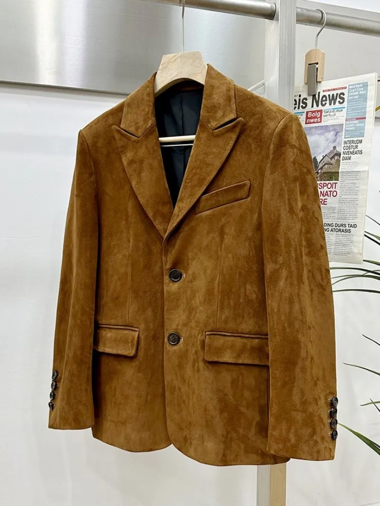 Vintage Suede Sheepskin Elegant Suit Jacket Office Men Business Casual Slim Fit Spring Autumn Work Genuine Leather Blazers Tops