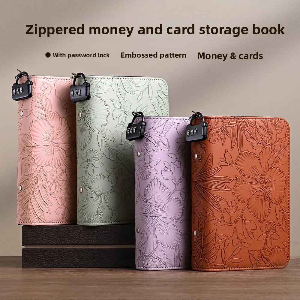 PU Leather Zippered Cash and Card Storage Binder with Combination Lock Embossed Pattern 50 Inner Pages 6 Card Slots Large