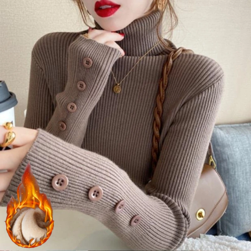 

Women Buttons Solid Autumn Winter 2025 Korean Fashion Versatile Pullovers Warm Turtleneck Sweaters Basics Casual Pull Femme