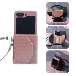 Leather Wrist Strap Phone Case Samsung Galaxy Z Flip 6 5 4 3 Flip6 Flip5 Flip4 Flip3 5G Wallet with Card Holder Shockproof Cover