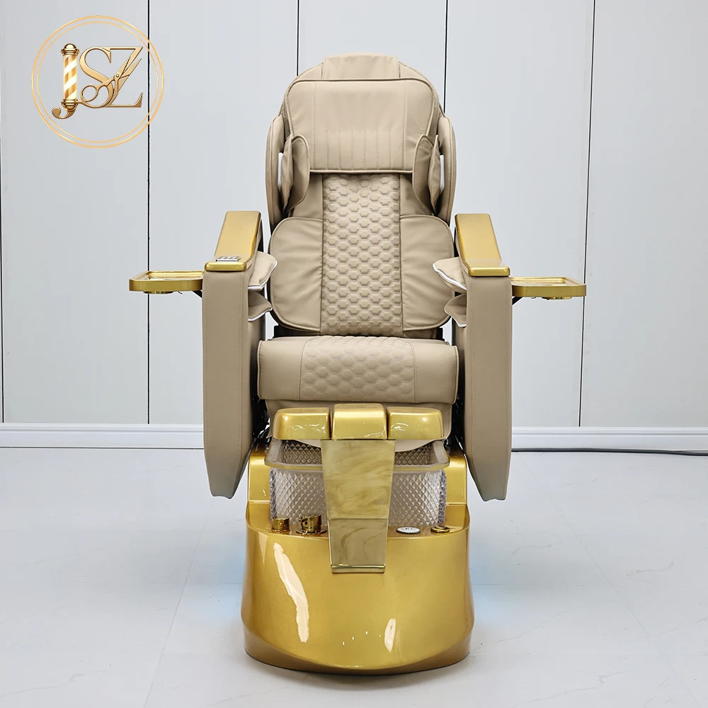 Luxury High Back Pedicure Chair Golden Frame Airbag Mechanical Massage 135° Reclining Spa Salon