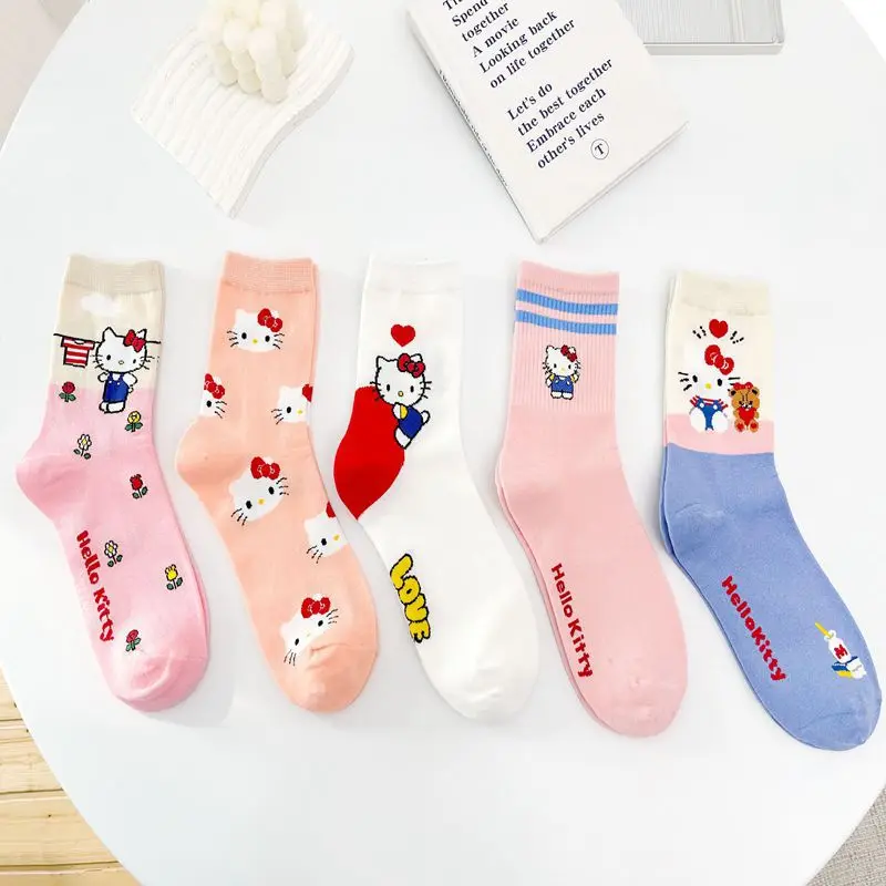 1pairs Y2K Hello Kitty Socks for Girls Medium Socks Kawaii Sanrio Accessories Socks Rosered Black White Sock Women Female