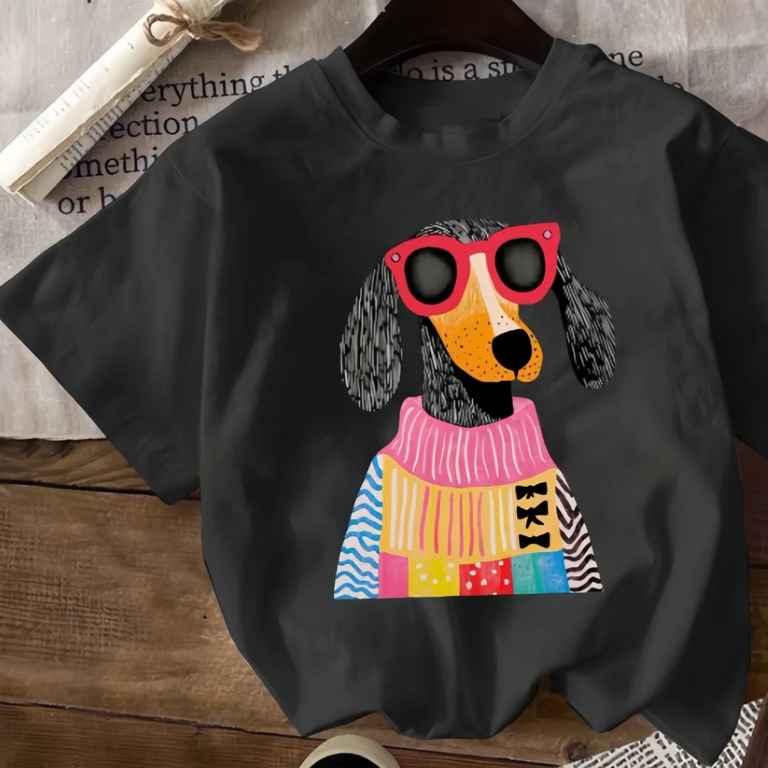 

Cartoon Fashion Puppy Print Short-sleeved T-shirt Casual and Versatile Style Suitable for Women's Daily and Outing Wear
