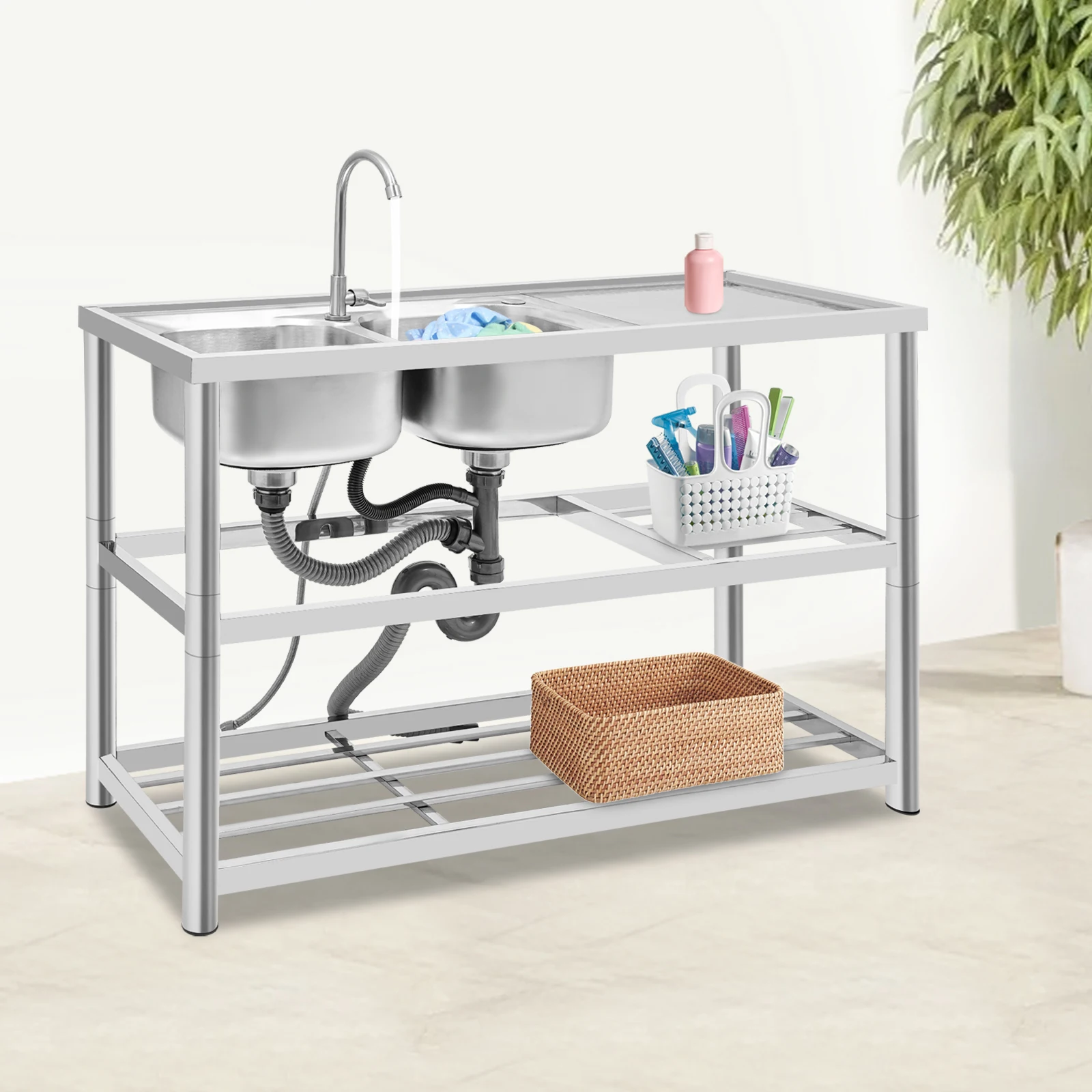 Fregadero doble independiente de acero inoxidable, juego de fregadero de cocina con 360 °   Grifo y escurridor giratorios, estante de almacenamiento de 3 capas