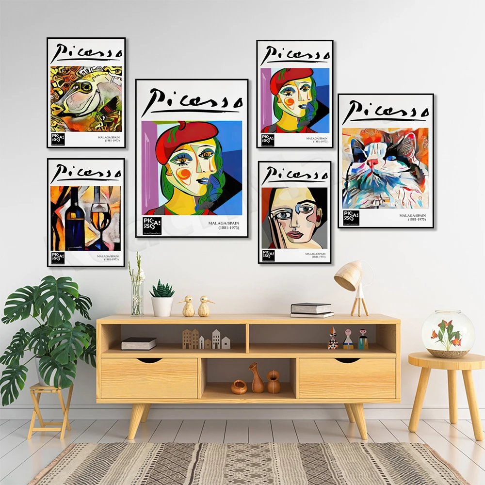 Picasso prints, rustic art, Picasso museum exhibition poster, abstract human head, eclectic gallery wall art, feminine aesthetic