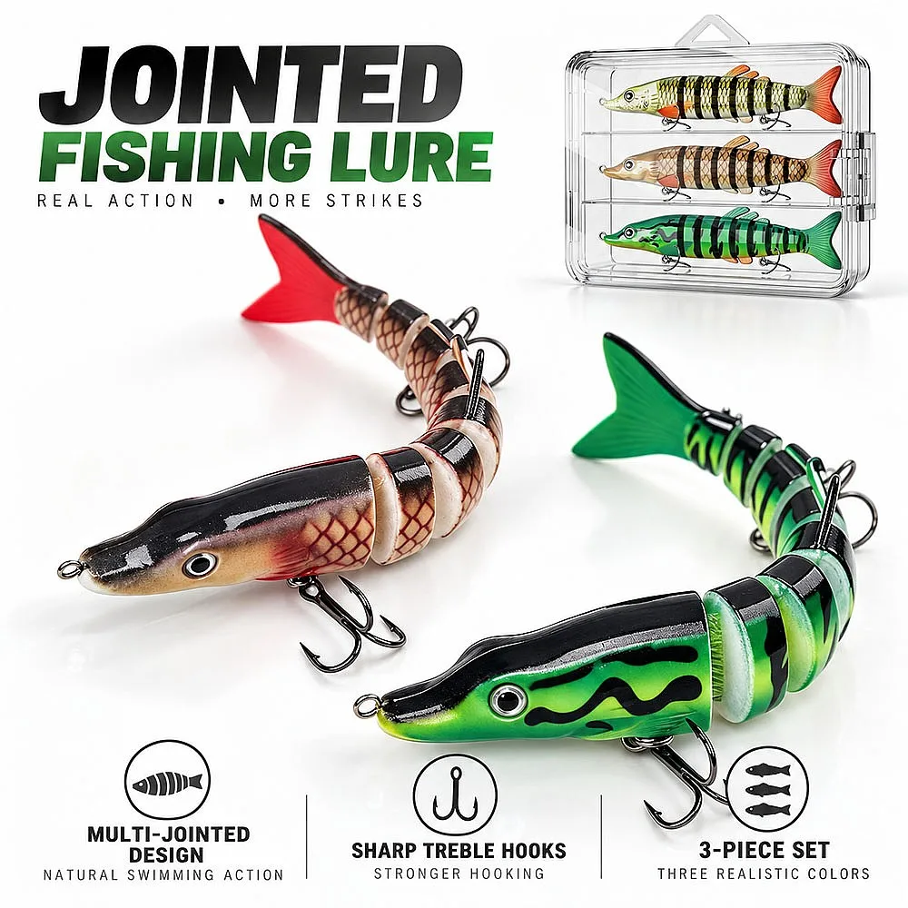 8-Segment Swimbait Pike Lure Slow Sinking Hard Bait 3/5/10 Pack Wobbler Rattle 3D Eyes for Trout Perch in River Current