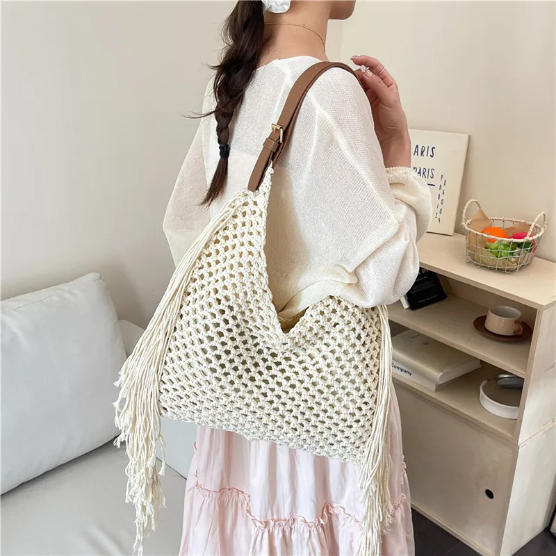 

Пляжная сумка из соломки для женщин, модная сумка-тоут с кисточками, повседневная сумка для отпуска, женская вязаная ажурная сумка через плечо