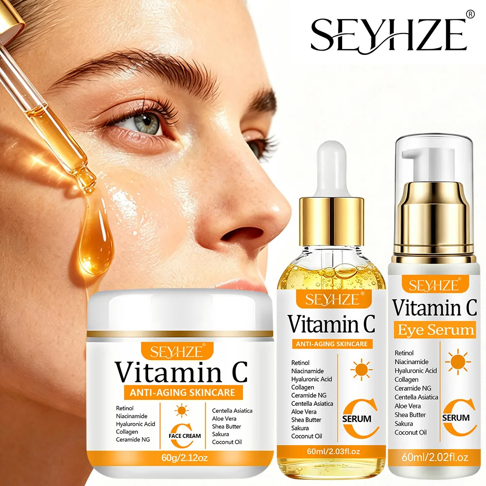 SEYHZE 3pcs Vitamin C Skincare Set with Cream Serum And Eye Serum Niacinamide Retinol Facial Wrinkle Smoothing Collagen Rich