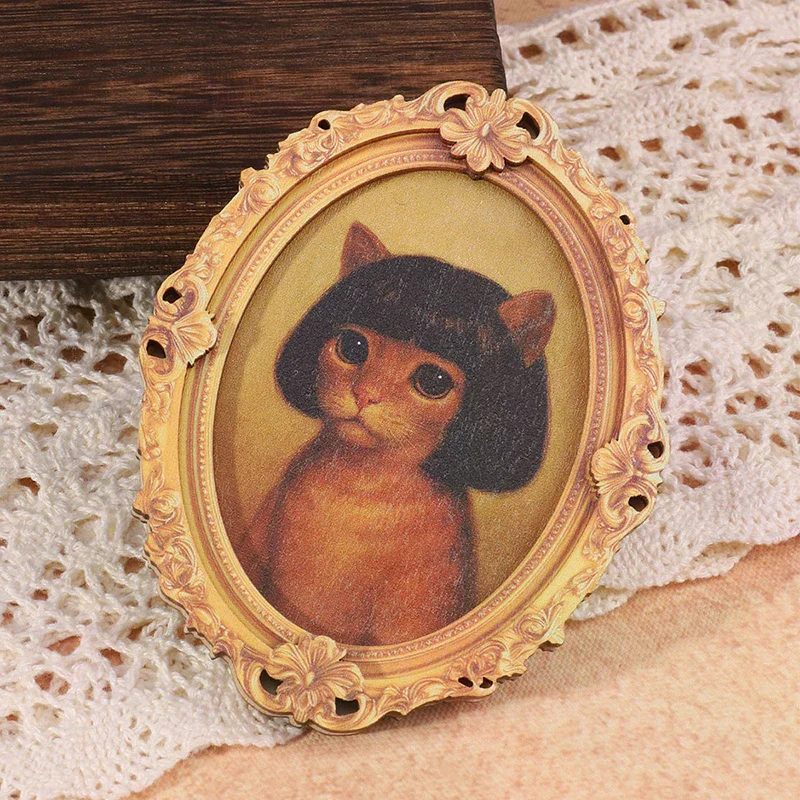1Pc Mini Oval Retro Wooden Photo Frame Fridge Magnet Funny Cat & Haircut Modern Kitchen Decor Durable Refrigerator Ornament