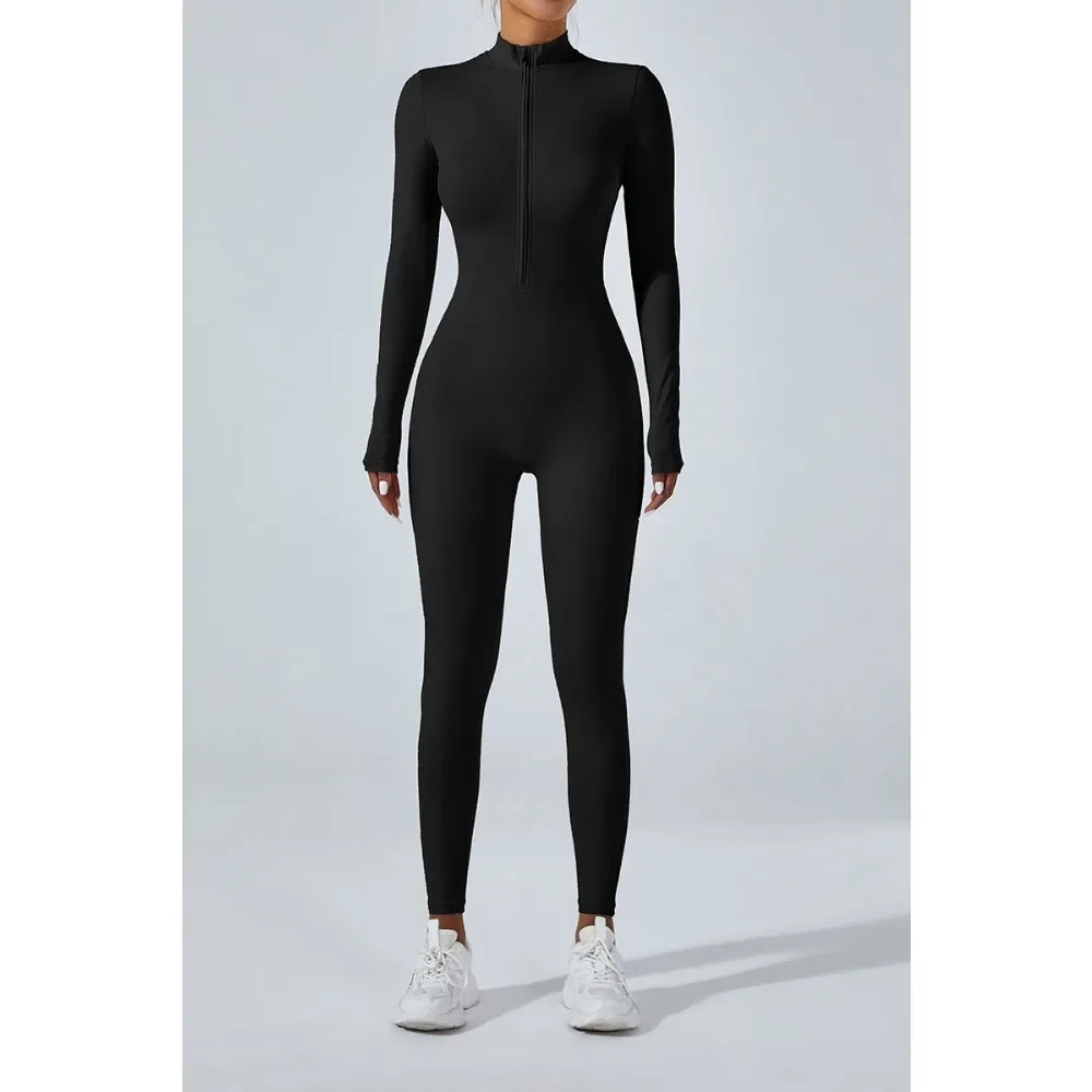 New nude zipper long sleeved yoga jumpsuit, high-intensity fitness and sports integrated jumpsuit tight fitting yoga suit