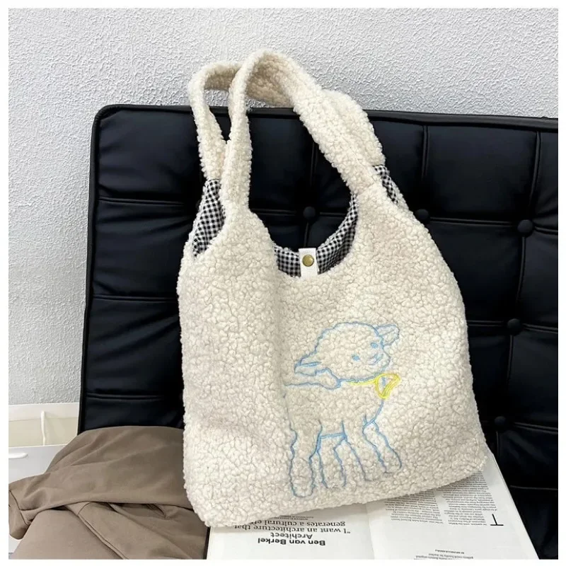 Women Soft Plush Tote Bag Simple Warm Cotton Fabric Shopper Bags Reusable Embroidery Sheep Handbag Shoulder Bag Girls Schoolbag