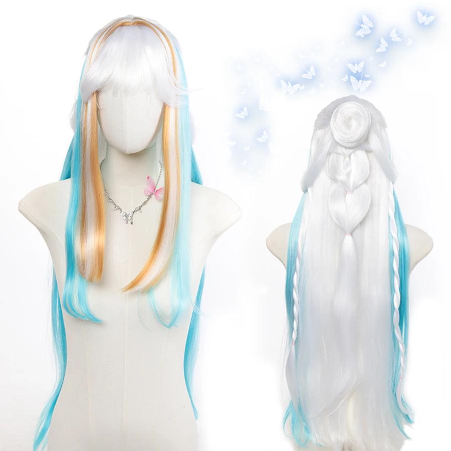 

Blue White Splicing Gold Long Straight Wig With Bangs Synthetic Full Wig Heat Resistant Anime Cosplay Wig