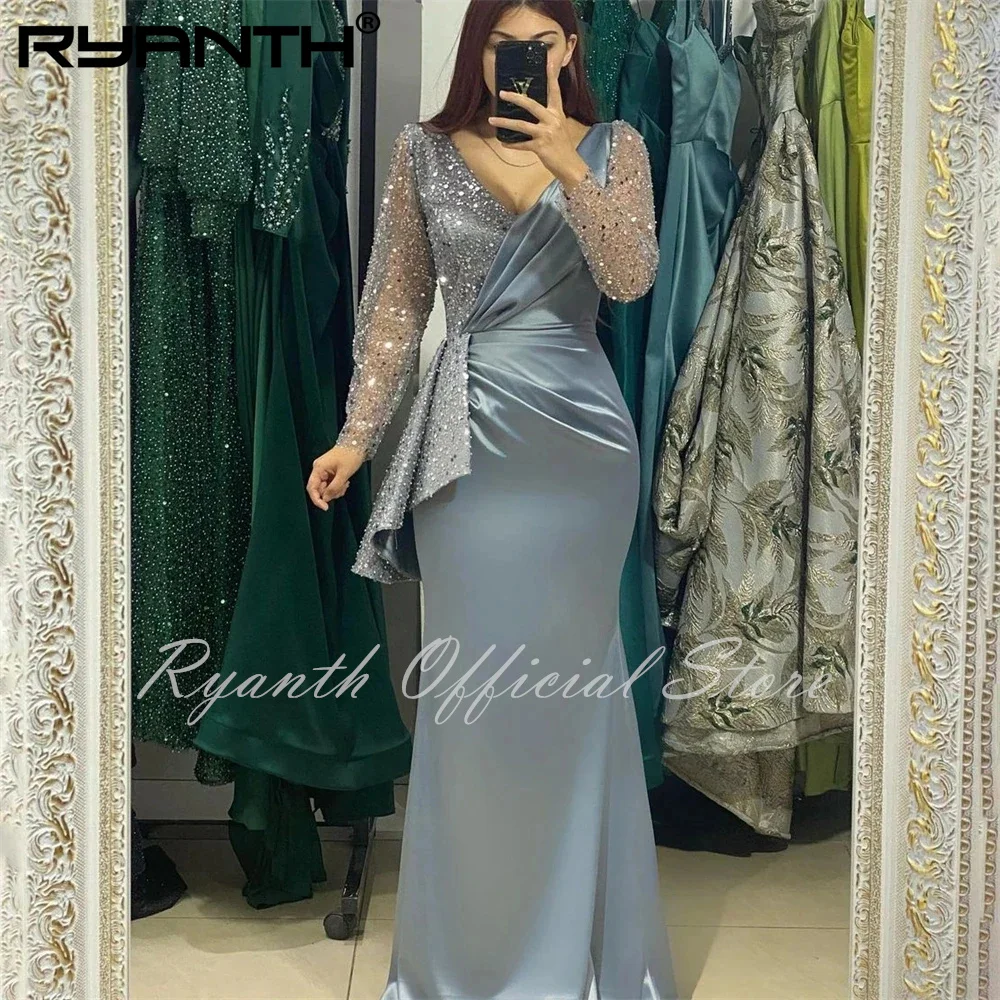 Ryanth Elegant Mermaid Evening Dresses Sparkly V-Neck Long Sleeves Pleated Prom Dress Ruffles Shiny Satin Party Gowns 2024 Gowns