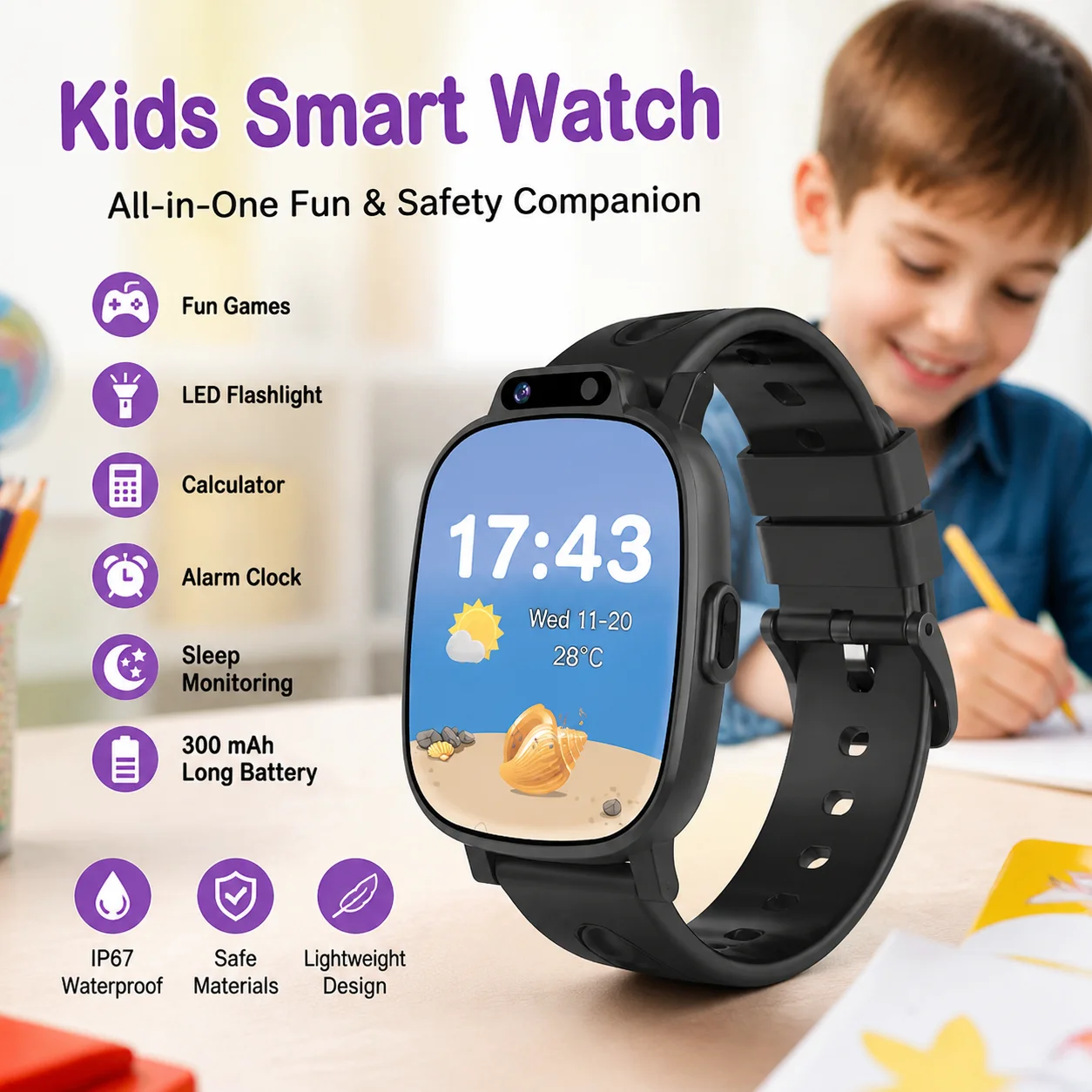 Kinder-Smartwatch für Jungen und Mädchen Touchscreen-Uhr LED-Taschenlampe Wecker Schlafmonitor IP67 Wasserdicht GPS-Tracking Ht22