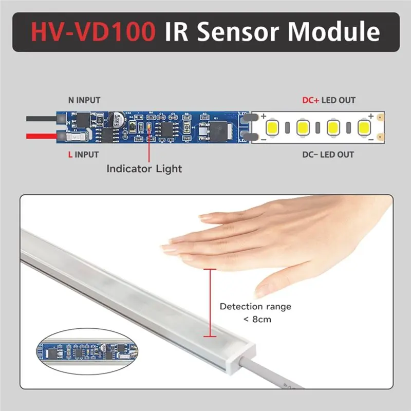 ABYN-HV-VD100-A3 For Cabinet Compatible LED Dimmer Switch Infrared Hand Sensor Module 1A AC110V-220V Instant Brightness+ Dimming
