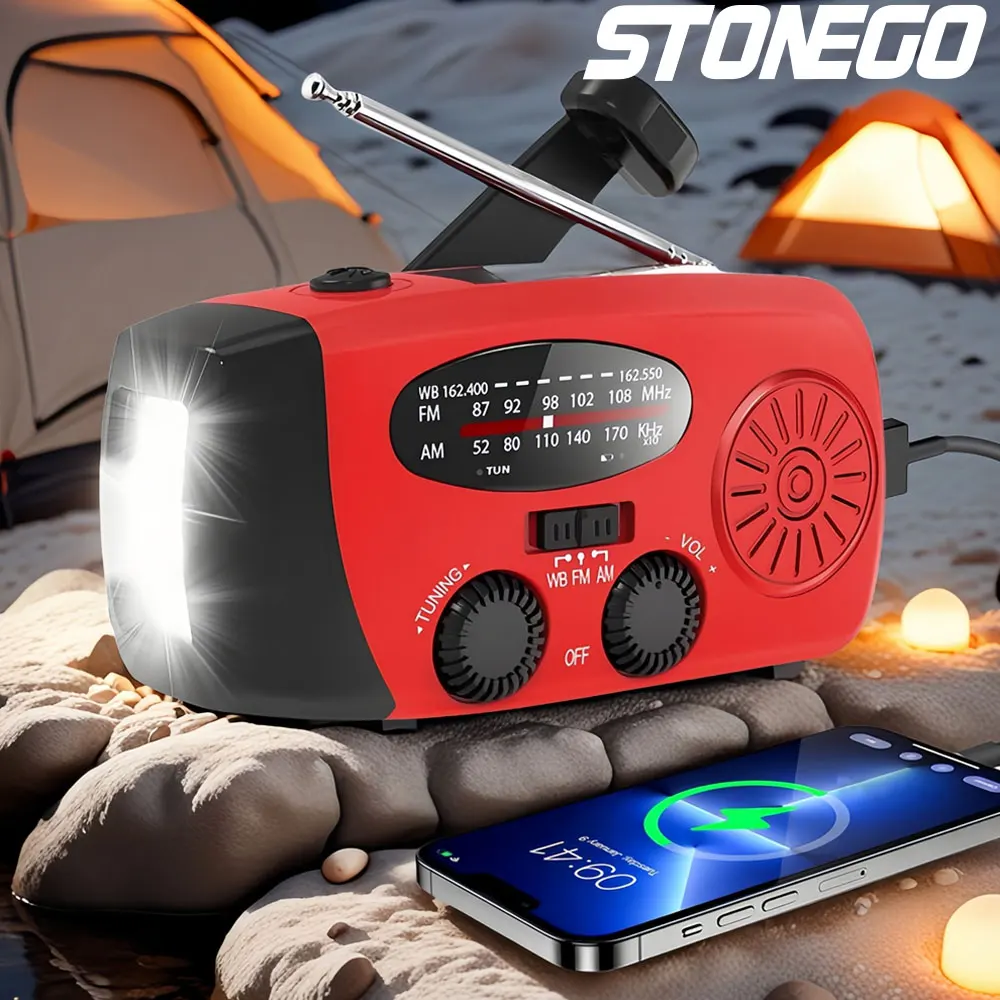 Solar Hand Crank Powered Camping Light With AM/FM Radio Outdoor 2000mAh USB Charging Multifunctional Hand Dynamo LED Flashlight