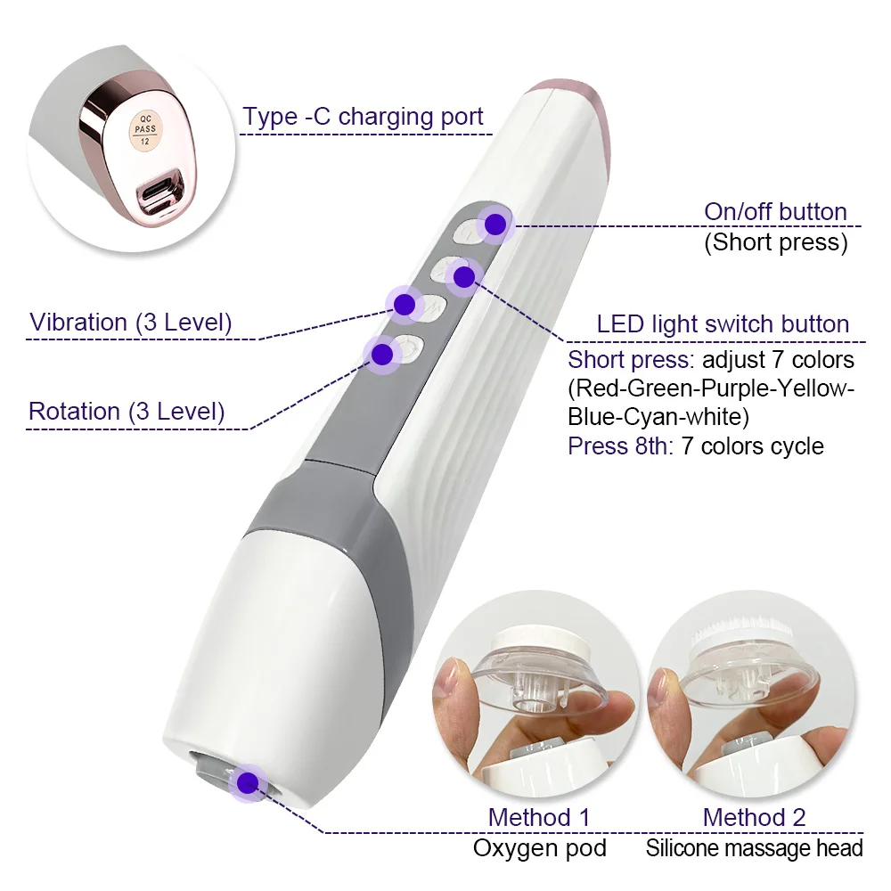 Dispositivo di bellezza del viso a bolle d'ossigeno 4 in 1 con teste multiple per la pulizia profonda della pelle Strumento idratante schiarente