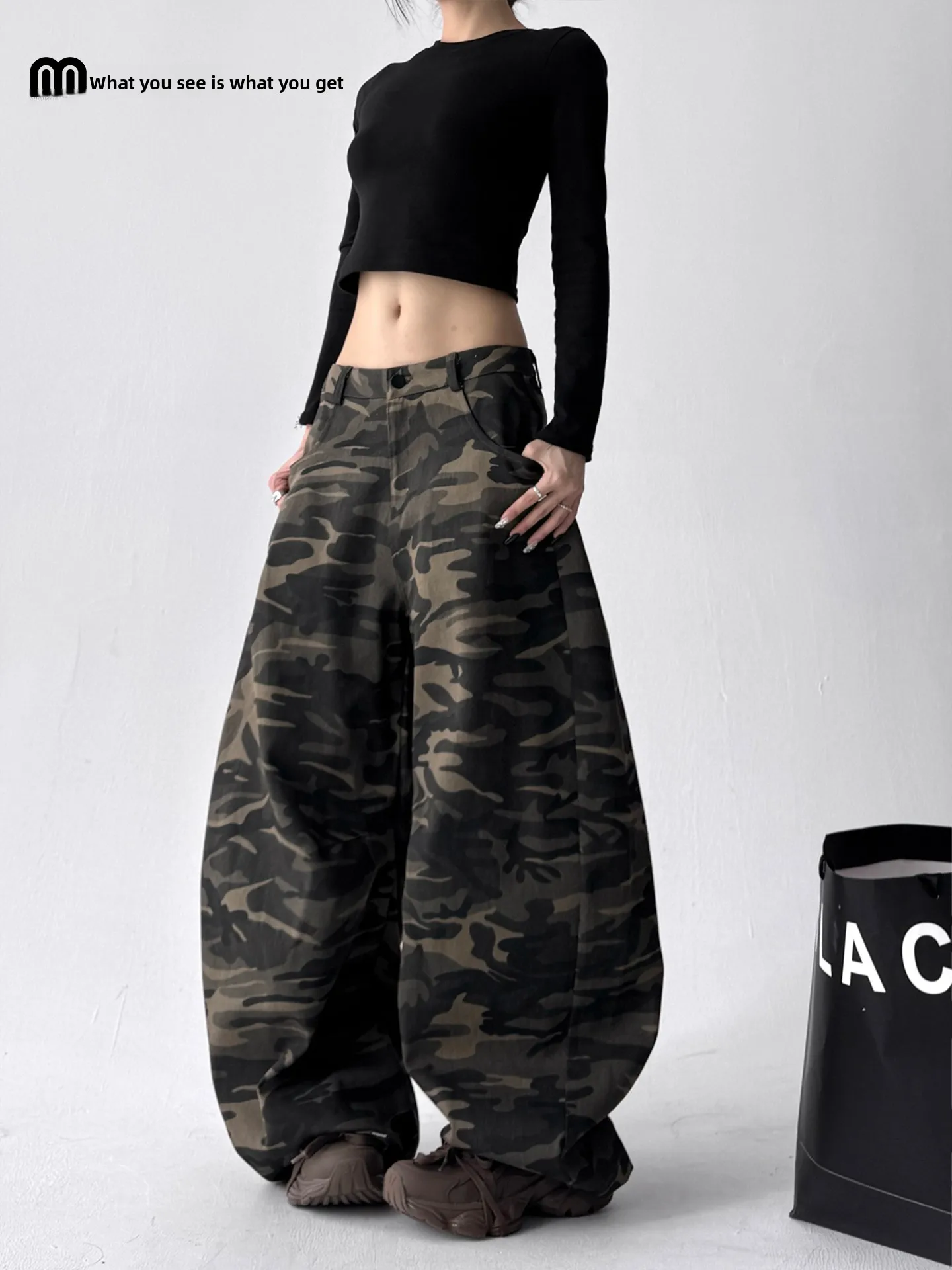 

Американские камуфляжные рабочие брюки High Street, женские осенние новые свободные джинсы длиной до пола с высокой талией и широкими штанинами