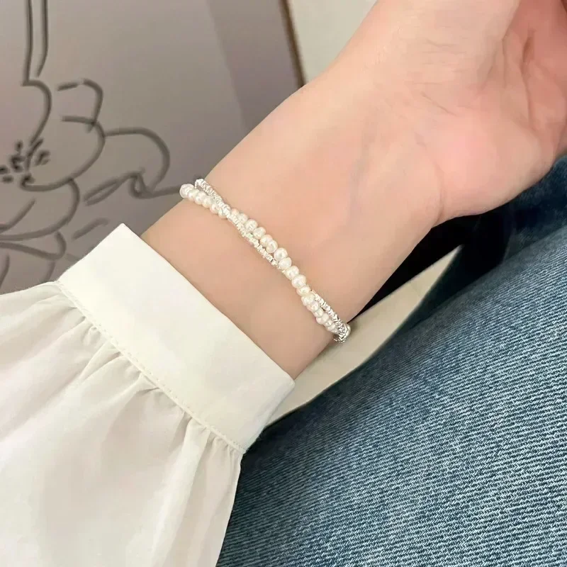 925 Sterling Silver Double Layer Pearl Bracelet para Mulheres, Charm Bead, Joias Coreanas, Presente de Aniversário, Girl Design