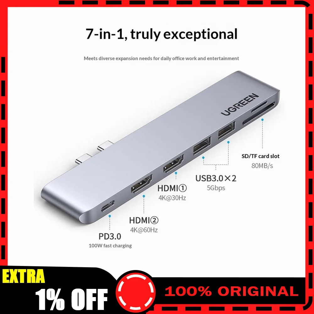 UGREEN 80548 CM356 USB C Hub Dual HDMI Multiport Adapter with USB 3.0 SD TF Card Reader and PD Charging for Laptop