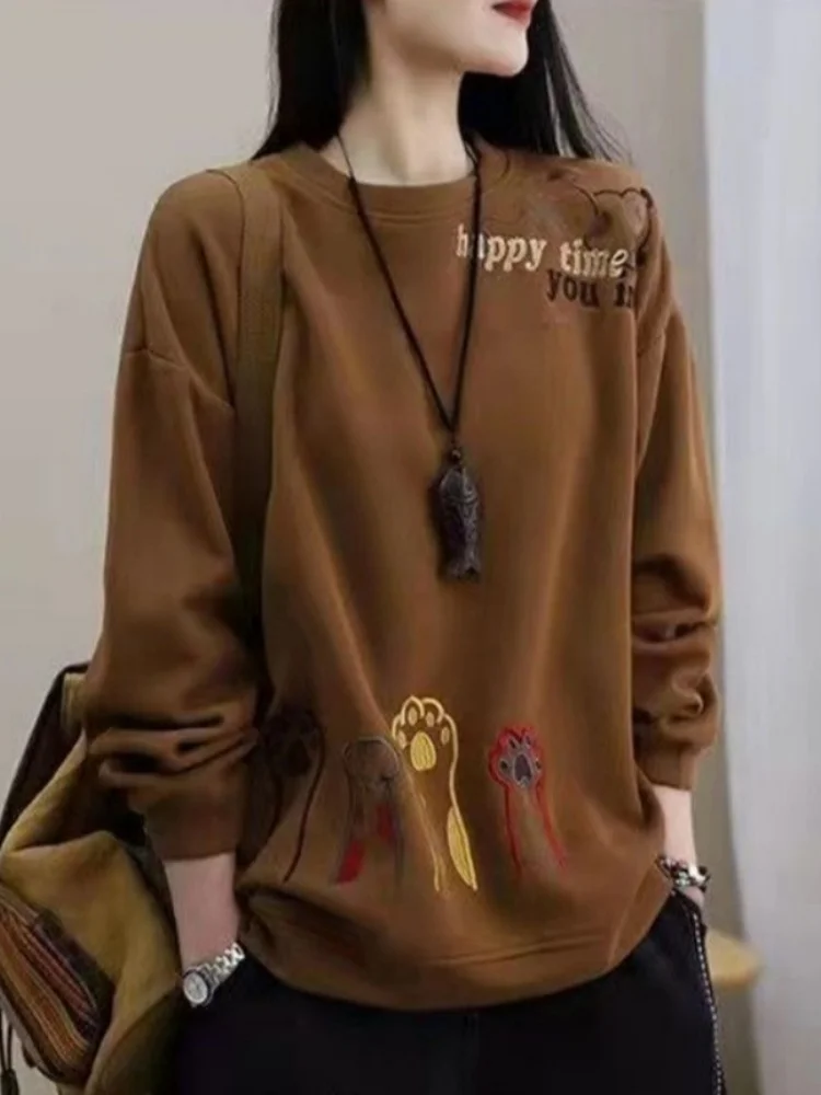 Spring Autumn Thin Sweatshirt Women's Loose Slimming Meat Covering Fashionable European Large Version Brown Top Coat Women