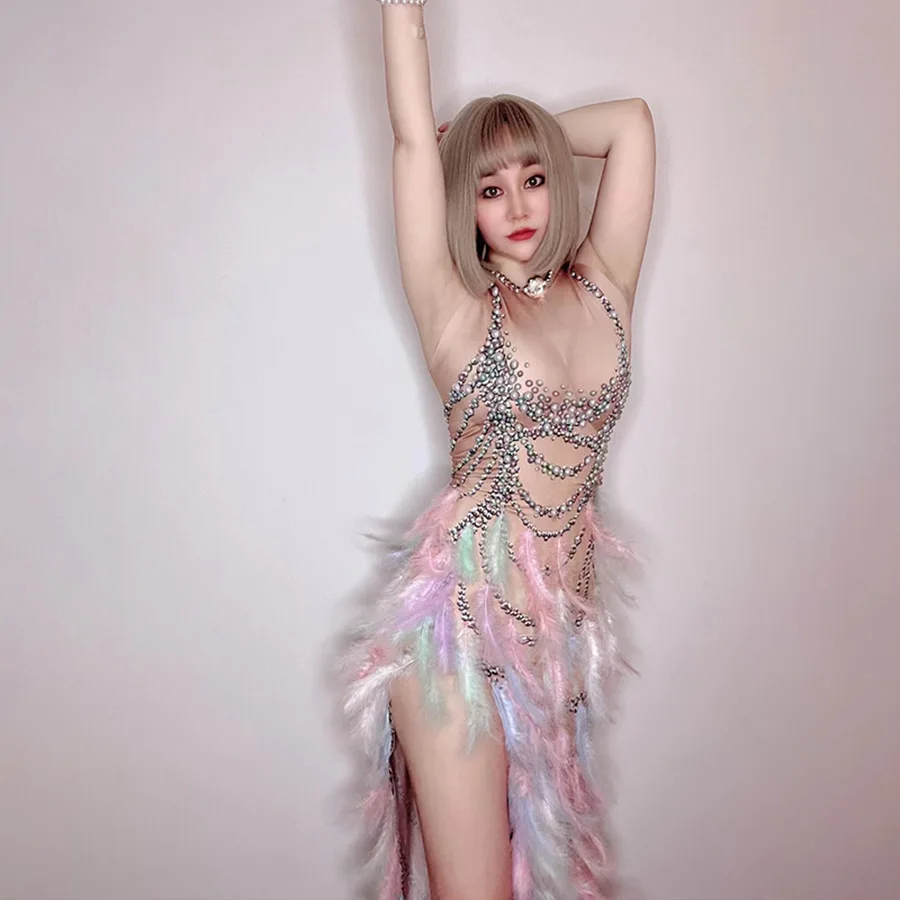 Feather Diamond Stage Adult Performance Dress Shining Colorful Glitter Sexy Split Dress Celebrating Birthday Party Dress