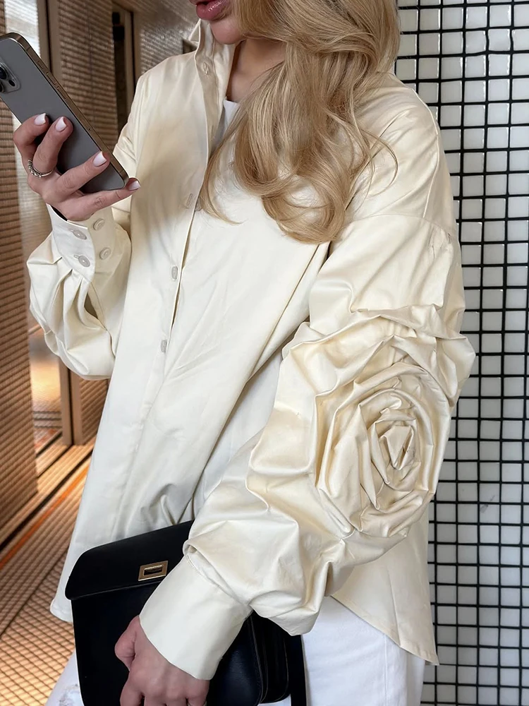 JULISSO MO Turn-down Collar Flowers Sleeve Women Blouses Blue Single Breasted Long Sleeve Shirts Autumn Loose Casual Streetwear