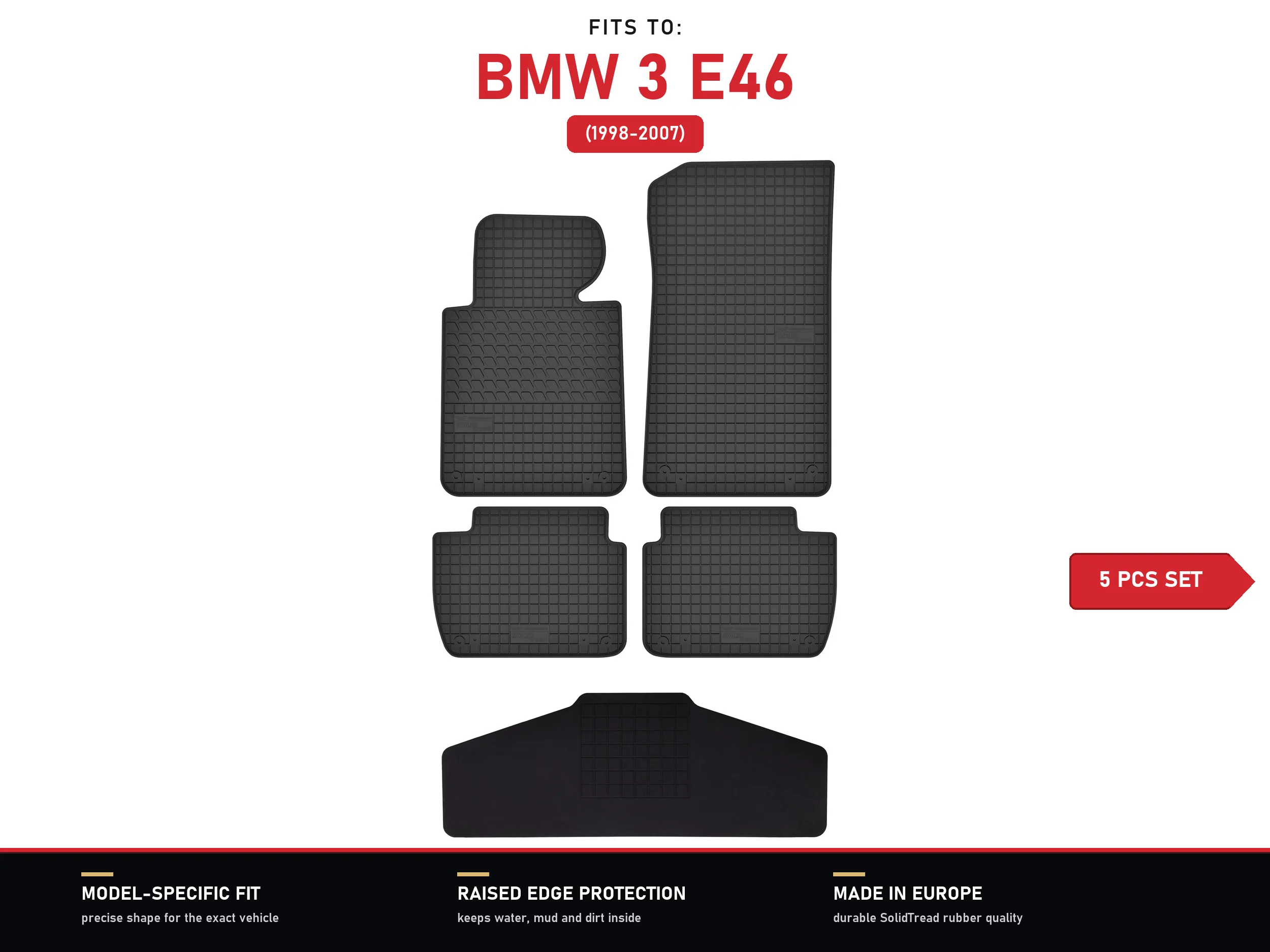 Rubberen vloermatten met tunnel voor: BMW 3 E46 1998-2007 5 stuks