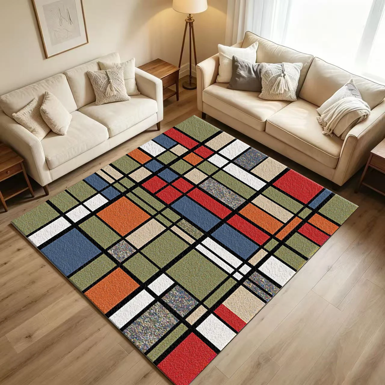 Modern Mondrian Geometric Grid Carpet Flooring Abstract Color Block Rectangle Line Art Printed Floor Rug for Household Indoor Home Ornament