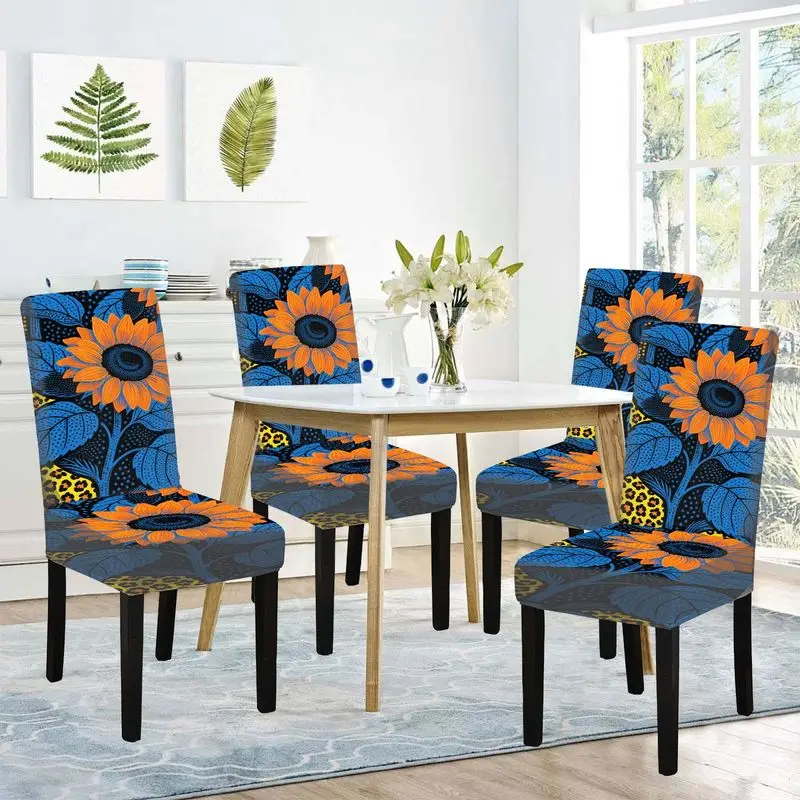 

Чехол для обеденного стула с плоским принтом. Яркий узор с подсолнухами, многоразовый, можно стирать, чехол для домашнего обеденного стула.