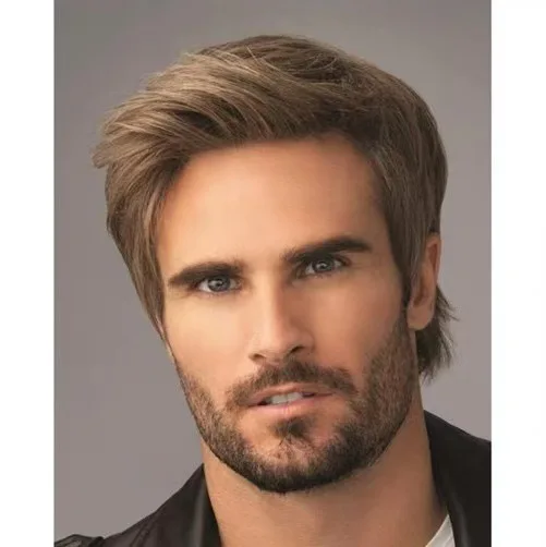 10 インチの短い巻き毛の合成ブラウンウィッグ男性用ヘア耐熱ウィッグ前髪付き日常使用用