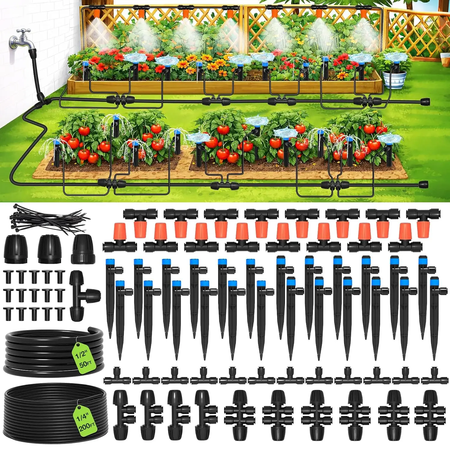 250FT Drip Irrigation System Kit, Quick-Connect Garden Misting Watering System with 1/2" & 1/4" Tubing, Adjustable Nozzles for Indoor Outdoor Garden Potted Plant Lawn Greenhouse