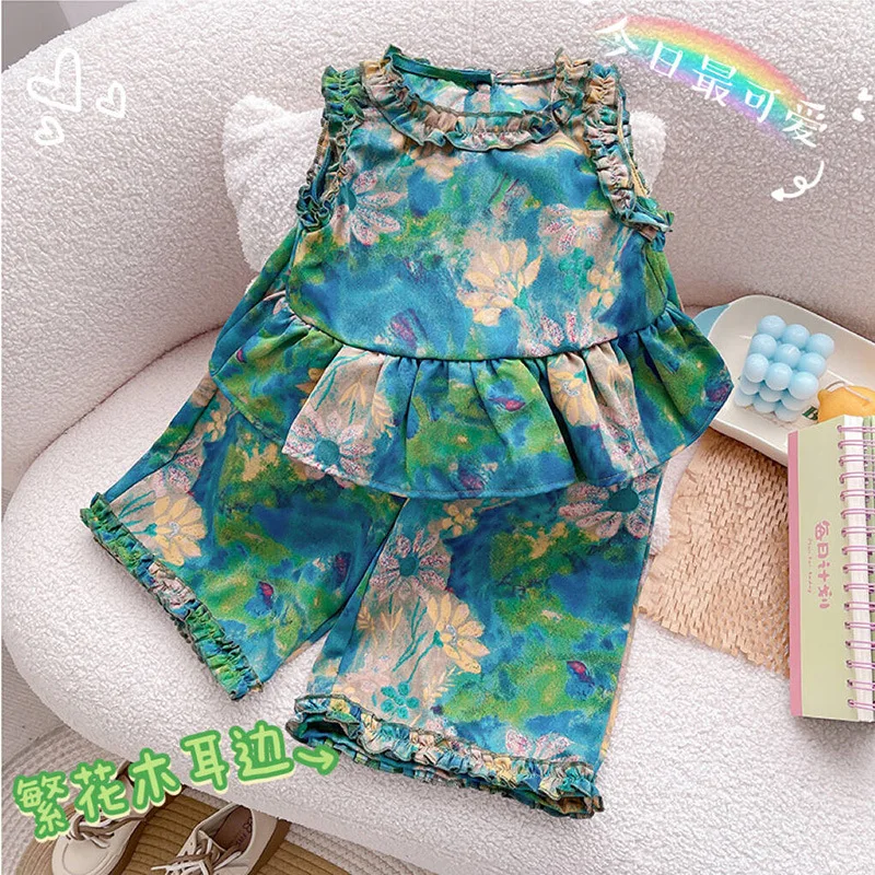 

2025Girls Summer New Fashionable Princess Sleeveless Top Two-Piece Pants
