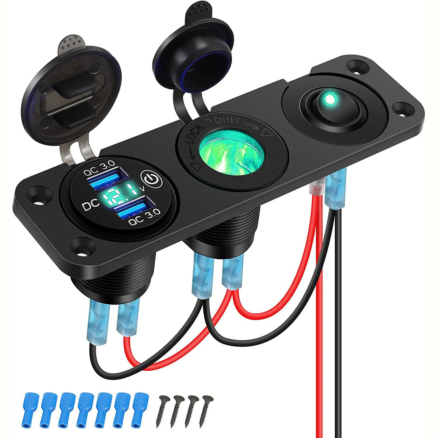 

3 in 1 Panel Cigarette Lighter Socket QC3.0 USB Type C PD Car Charger Outlet Power Adapter with Voltmeter for Car Boat RV