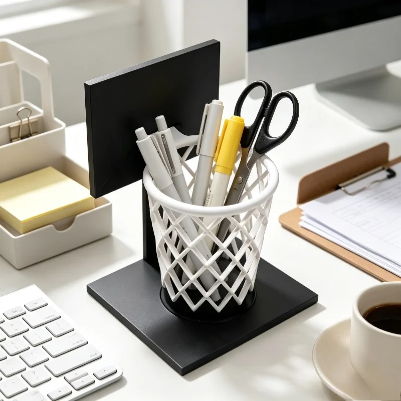 1Pc Basketball Hoop Pen Holder,Creative Desktop Organizer with Black Base White Mesh,Space‑Saving Decor for Home,School & Office