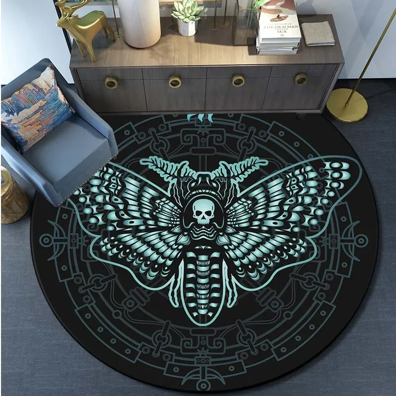 Death Moth Area Rug Gothic Skull Round Floor Mat Butterfly Moon Living Room Carpet Bathroom Kitchen Rug Doormat Round Rug