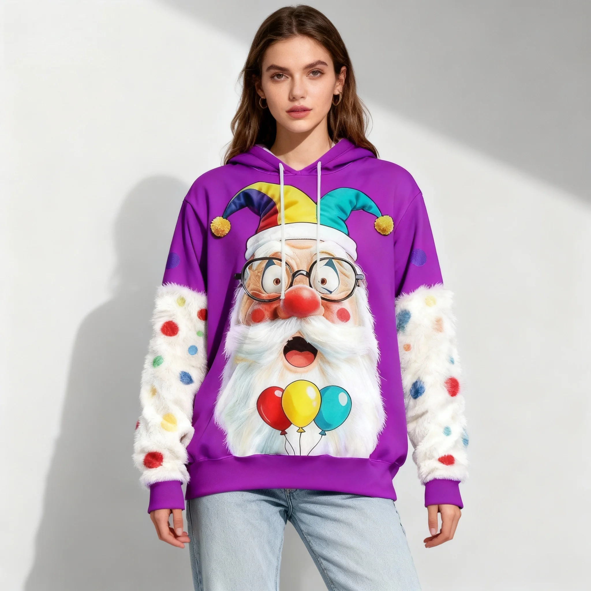 الخريف والشتاء عيد الميلاد لطيف الملونة مهرج قبعة سانتا كلوز هوديي أزياء الشارع المتضخم المرأة الكبار والأطفال أعلى #4