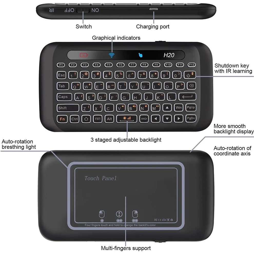 H20 2.4Ghz Wireless Keyboard with Touchpad Mouse Comb 7 Colors Backlit Keyboard Rechargeable Auto-Rotation Full Screen Touch