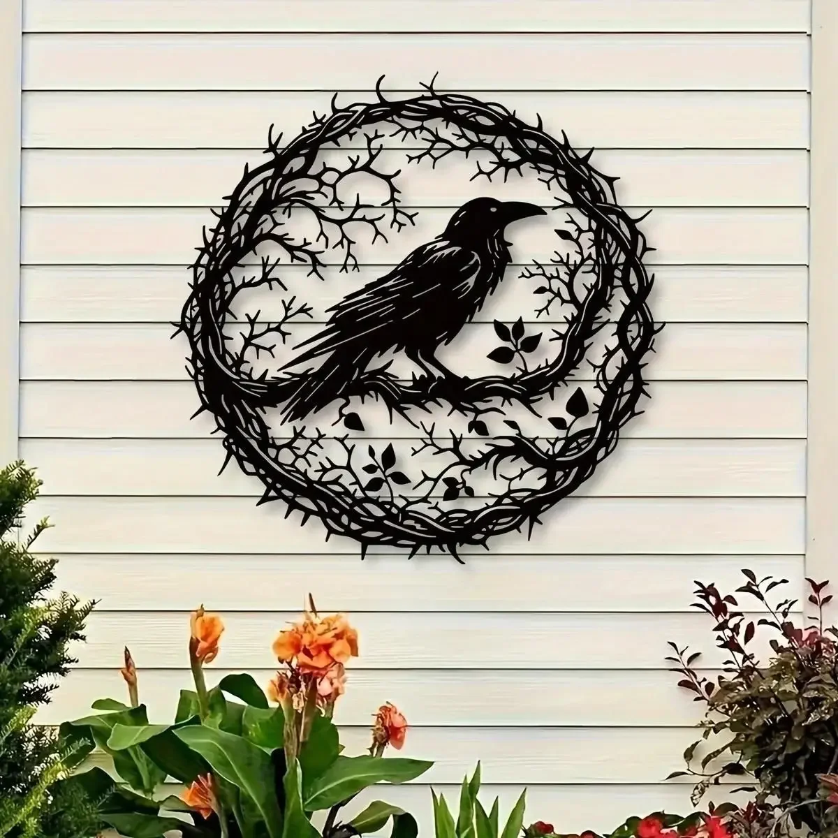 Metal Wall Art Gothic Raven Sculpture, Industrial 3D Textured Decor for Patio Office, Fade & Moisture Resistant Iron Black Finis