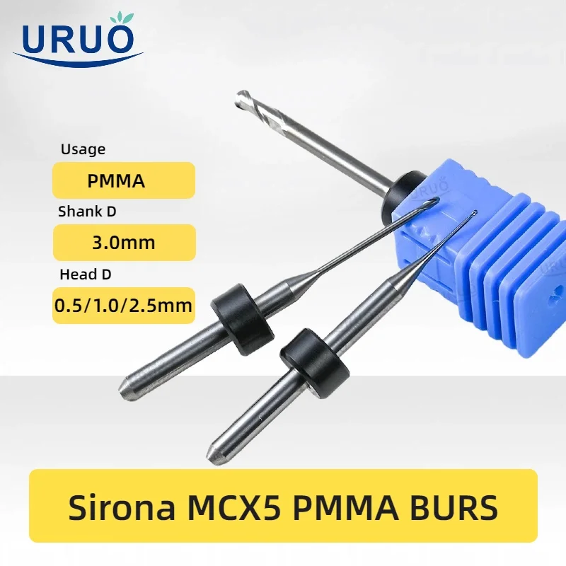 Sirona MCX5 PMMA Grinding Dental Milling Burs 0.5/1.0/2.5mm D3 Shank Milling Cutting Drills for Denture CAD CAM Materials