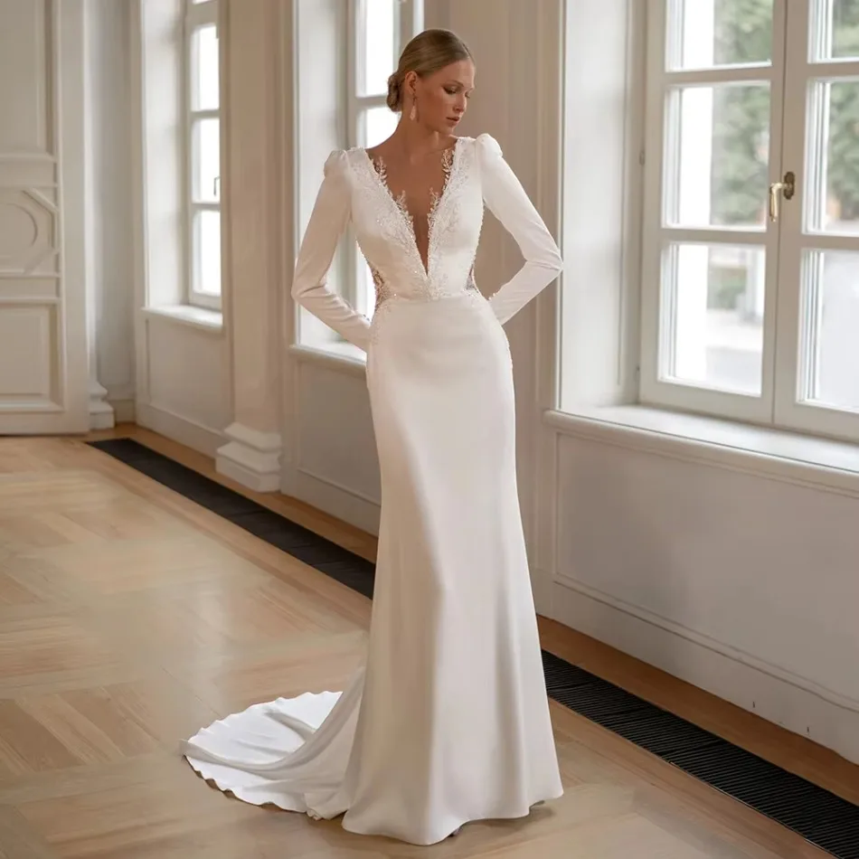 Satin Wedding Dress Long Puff Sleeves Deep V Neck Lace Applique Mermaid Bridal Gowns Low Back Sweep Train Bride Vestido De Noiva