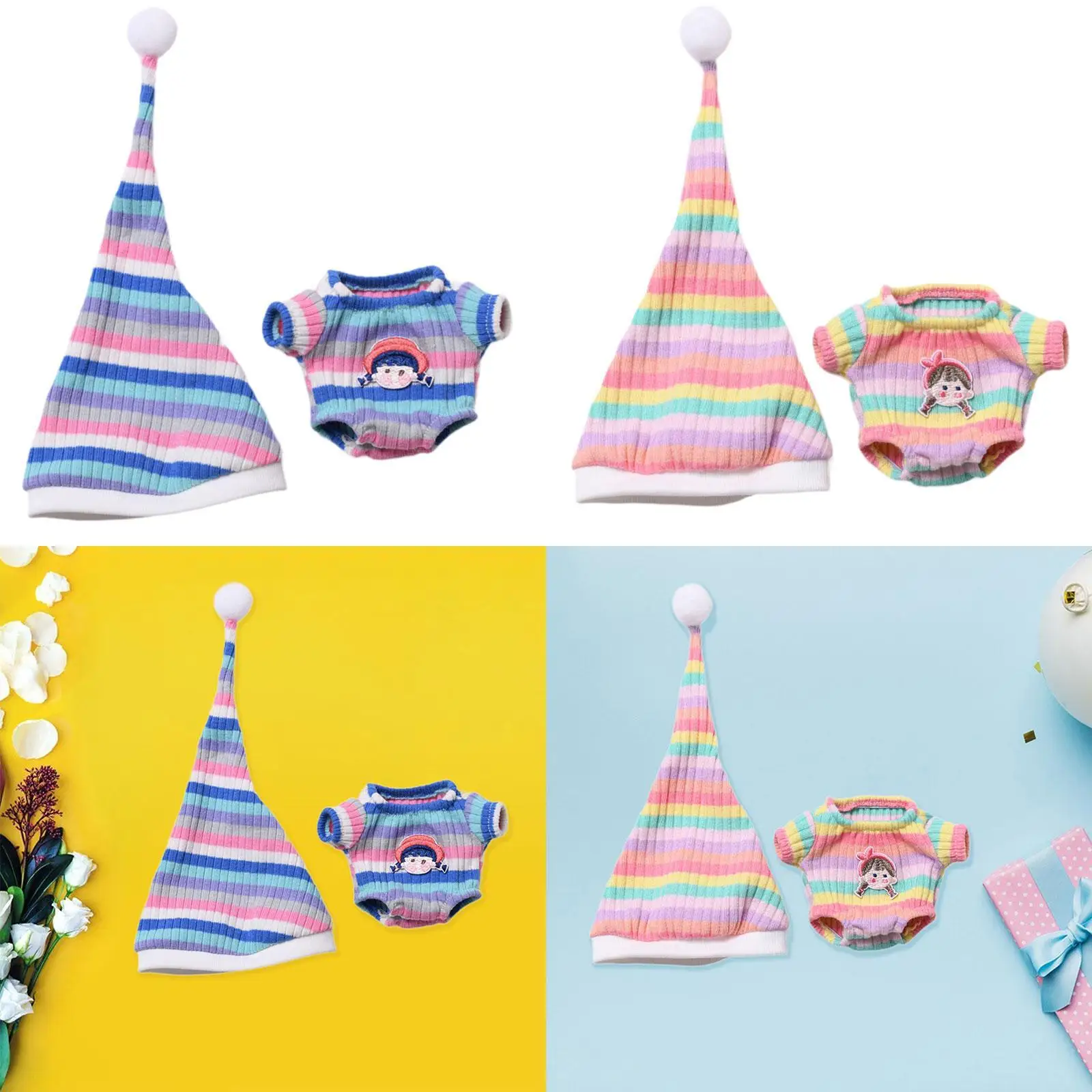 Dolls Striped Pajama and Hat Fashion Clothing for Kids Photo Props DIY Sleepwear Loungewear Miniature Clothes for 5.91'' 6.69''